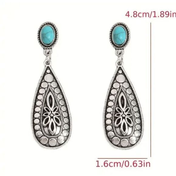 Western Water Drop Silver Turquoise Dangle Earrings - Picture 5 of 6
